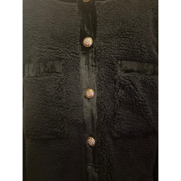 Women’s Black Fuzzy Faux Fur Velvet Trim Button Down Cardigan Sweater Size L - Picture 4 of 9